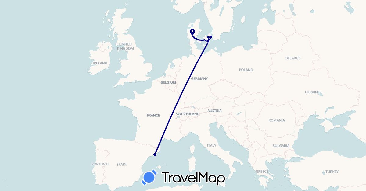 TravelMap itinerary: driving in Denmark, Spain (Europe)