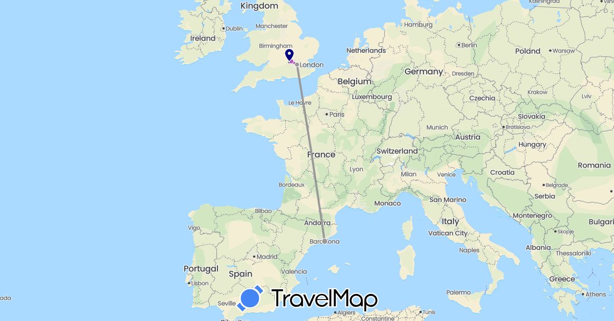 TravelMap itinerary: driving, plane, train in Spain, United Kingdom (Europe)